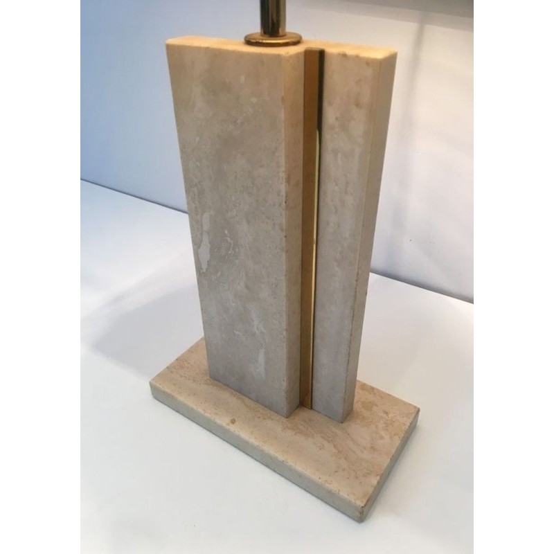 Travertine and Brass Table Lamp with Original Shade, French Work, circa 1970