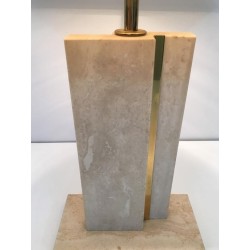 Travertine and Brass Table Lamp with Original Shade, French Work, circa 1970