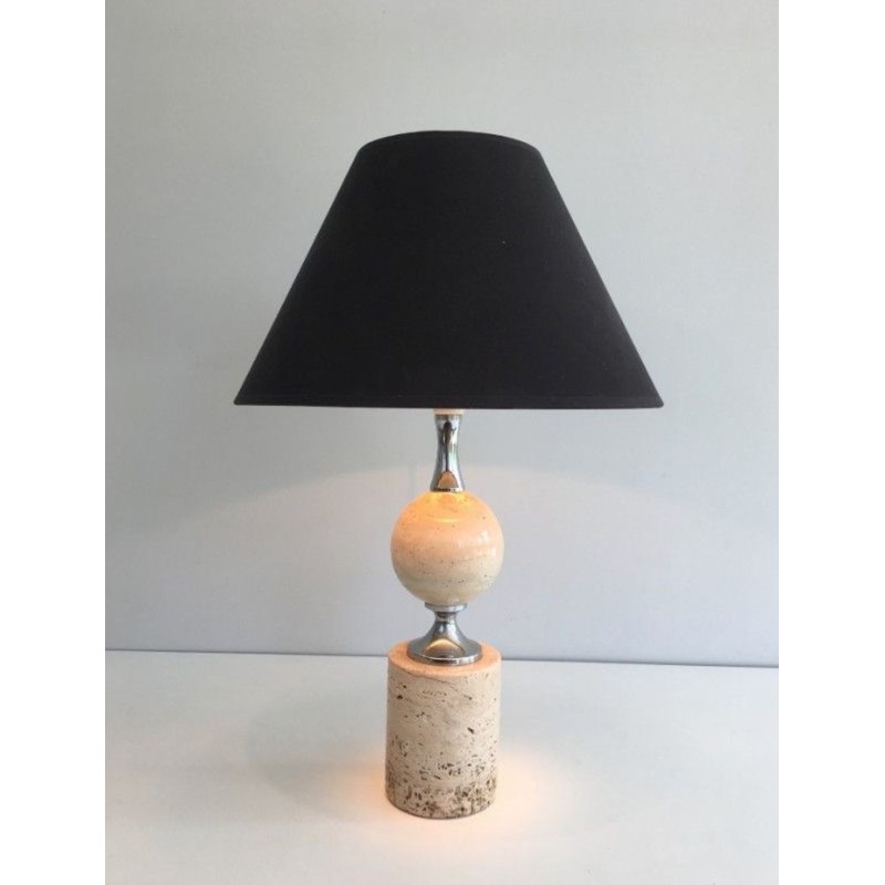Travertine and Chrome Table Lamp, Philippe Barbie, French Work, circa 1970