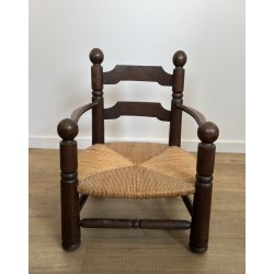 Stained Oak Armchair with Rush Seat and Turned Balls, Rustic Modern, French Work, Attributed to Charles Dudouyt, circa 1940