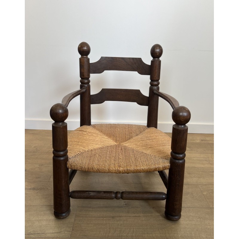 Stained Oak Armchair with Rush Seat and Turned Balls, Rustic Modern, French Work, Attributed to Charles Dudouyt, circa 1940