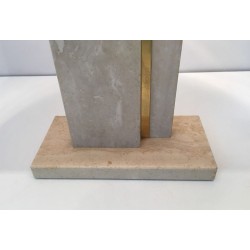 Travertine and Brass Table Lamp with Original Shade, French Work, circa 1970