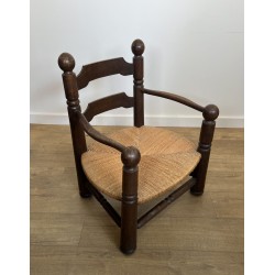 Stained Oak Armchair with Rush Seat and Turned Balls, Rustic Modern, French Work, Attributed to Charles Dudouyt, circa 1940