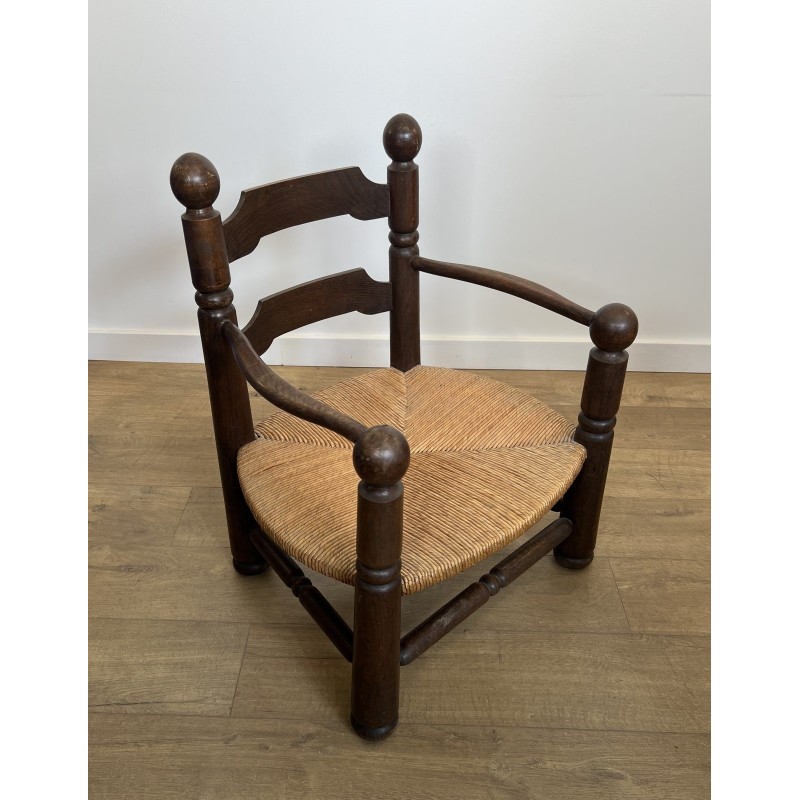 Stained Oak Armchair with Rush Seat and Turned Balls, Rustic Modern, French Work, Attributed to Charles Dudouyt, circa 1940