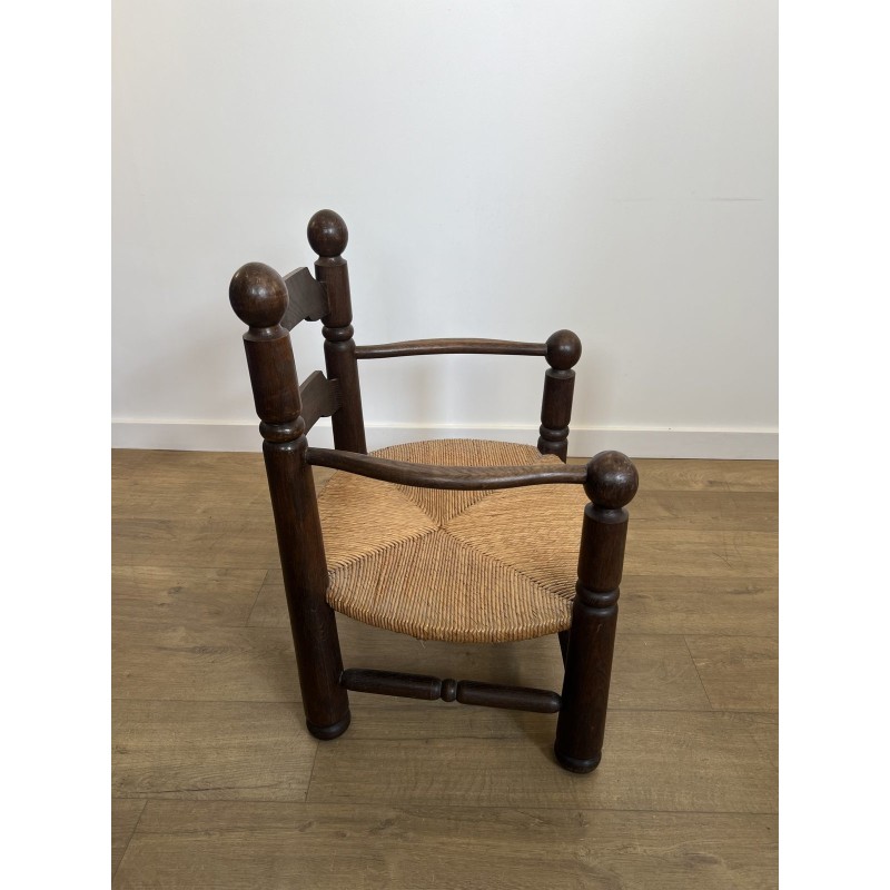 Stained Oak Armchair with Rush Seat and Turned Balls, Rustic Modern, French Work, Attributed to Charles Dudouyt, circa 1940