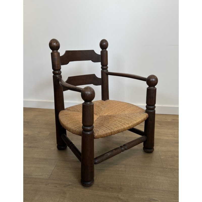 Stained Oak Armchair with Rush Seat and Turned Balls, Rustic Modern, French Work, Attributed to Charles Dudouyt, circa 1940