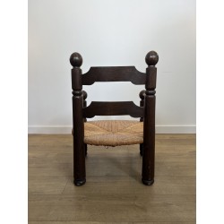 Stained Oak Armchair with Rush Seat and Turned Balls, Rustic Modern, French Work, Attributed to Charles Dudouyt, circa 1940