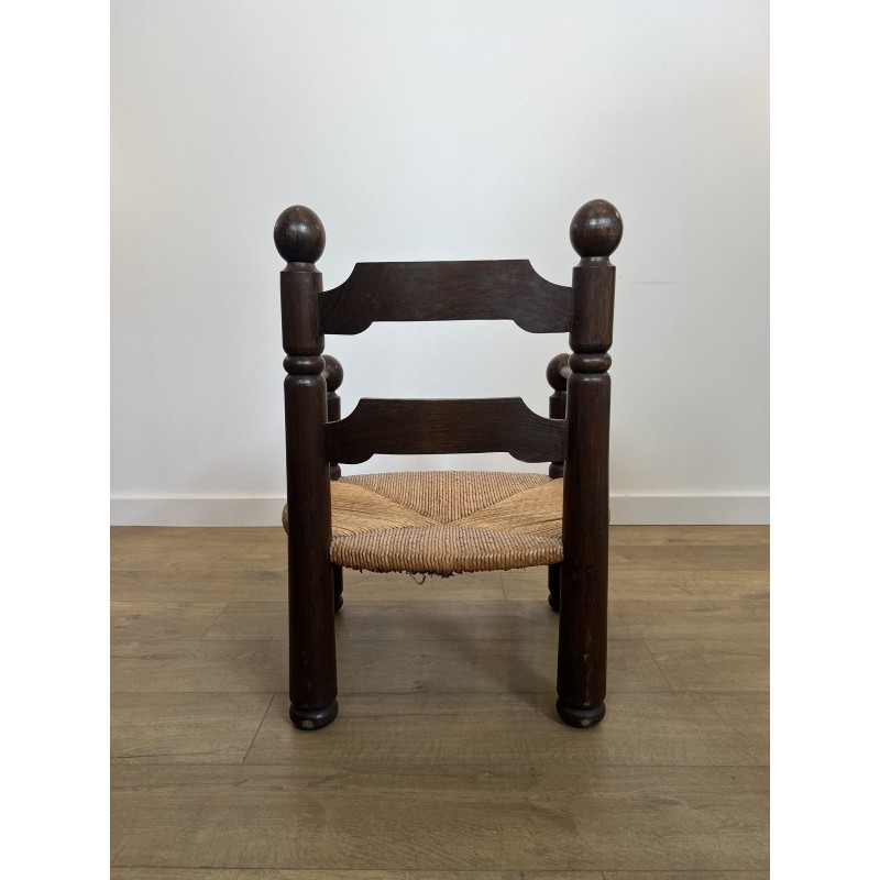 Stained Oak Armchair with Rush Seat and Turned Balls, Rustic Modern, French Work, Attributed to Charles Dudouyt, circa 1940