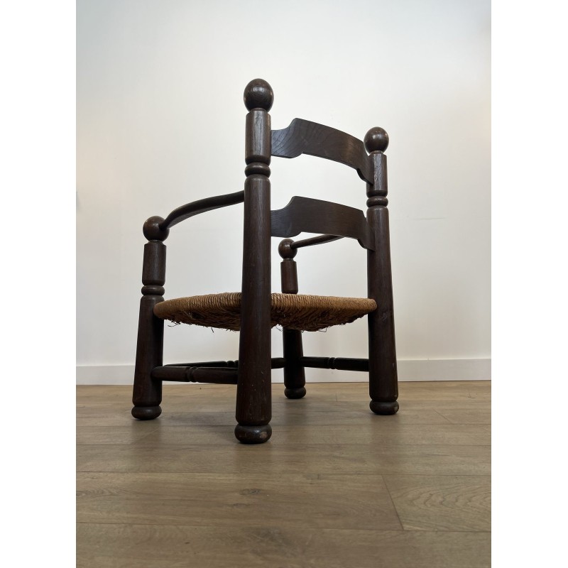 Stained Oak Armchair with Rush Seat and Turned Balls, Rustic Modern, French Work, Attributed to Charles Dudouyt, circa 1940