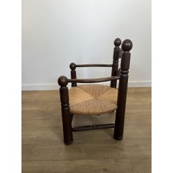 Stained Oak Armchair with Rush Seat and Turned Balls, Rustic Modern, French Work, Attributed to Charles Dudouyt, circa 1940