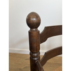 Stained Oak Armchair with Rush Seat and Turned Balls, Rustic Modern, French Work, Attributed to Charles Dudouyt, circa 1940