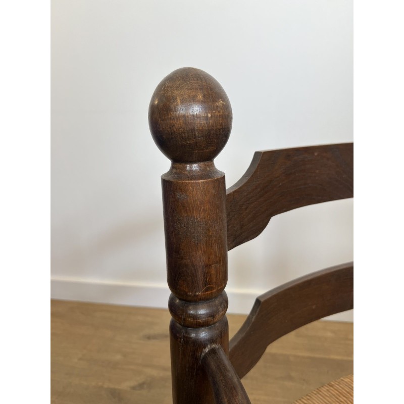 Stained Oak Armchair with Rush Seat and Turned Balls, Rustic Modern, French Work, Attributed to Charles Dudouyt, circa 1940