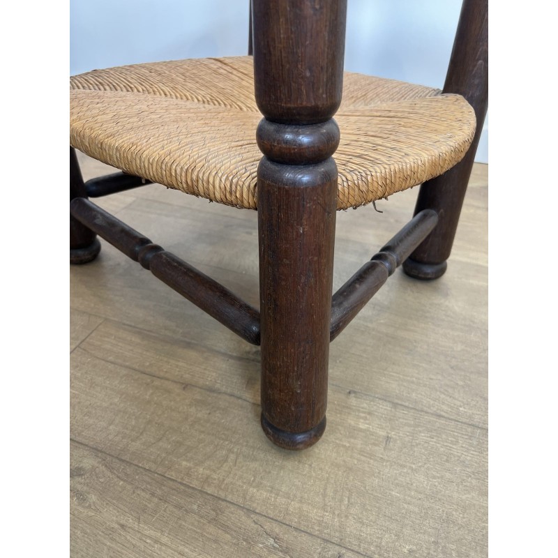 Stained Oak Armchair with Rush Seat and Turned Balls, Rustic Modern, French Work, Attributed to Charles Dudouyt, circa 1940