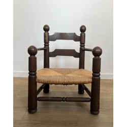Stained Oak Armchair with Rush Seat and Turned Balls, Rustic Modern, French Work, Attributed to Charles Dudouyt, circa 1940