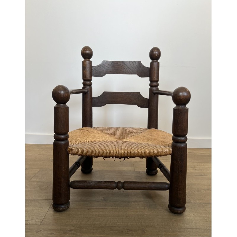 Stained Oak Armchair with Rush Seat and Turned Balls, Rustic Modern, French Work, Attributed to Charles Dudouyt, circa 1940