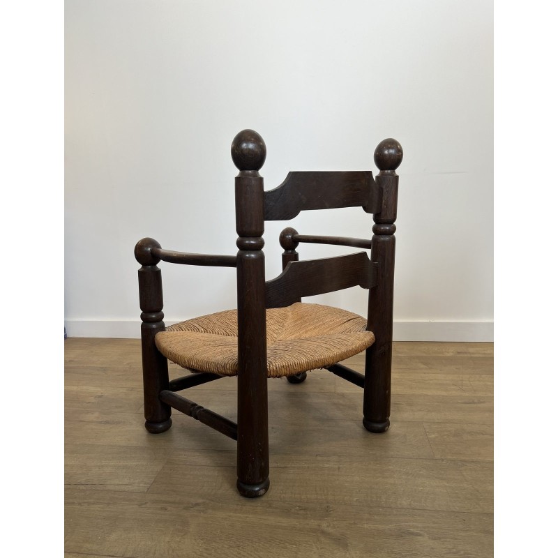 Stained Oak Armchair with Rush Seat and Turned Balls, Rustic Modern, French Work, Attributed to Charles Dudouyt, circa 1940