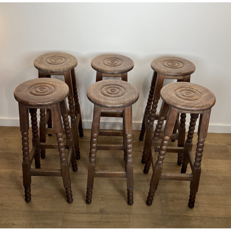 Set of Six Oak Bar Stools with String-Turned Uprights, Neoclassical, French Work, Attributed to Charles Dudouyt, circa 1950
