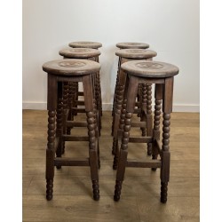 Set of Six Oak Bar Stools with String-Turned Uprights, Neoclassical, French Work, Attributed to Charles Dudouyt, circa 1950