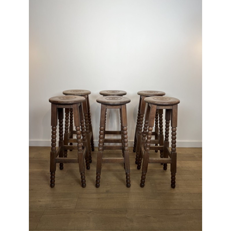 Set of Six Oak Bar Stools with String-Turned Uprights, Neoclassical, French Work, Attributed to Charles Dudouyt, circa 1950