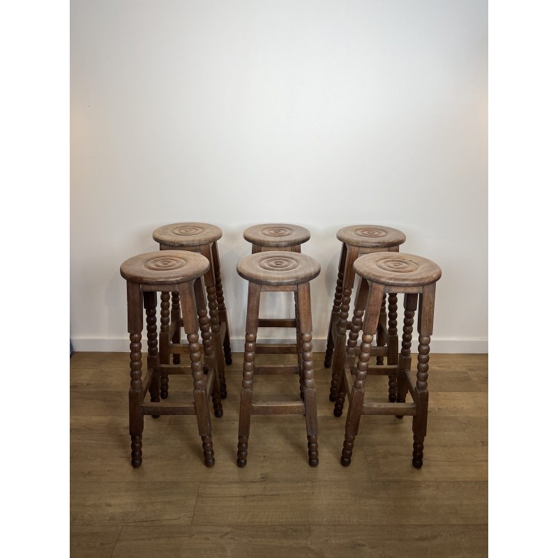 Set of Six Oak Bar Stools with String-Turned Uprights, Neoclassical, French Work, Attributed to Charles Dudouyt, circa 1950