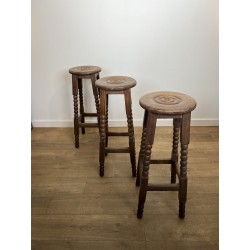 Set of Six Oak Bar Stools with String-Turned Uprights, Neoclassical, French Work, Attributed to Charles Dudouyt, circa 1950