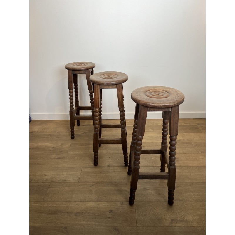 Set of Six Oak Bar Stools with String-Turned Uprights, Neoclassical, French Work, Attributed to Charles Dudouyt, circa 1950