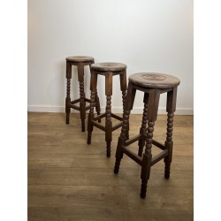 Set of Six Oak Bar Stools with String-Turned Uprights, Neoclassical, French Work, Attributed to Charles Dudouyt, circa 1950