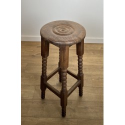 Set of Six Oak Bar Stools with String-Turned Uprights, Neoclassical, French Work, Attributed to Charles Dudouyt, circa 1950