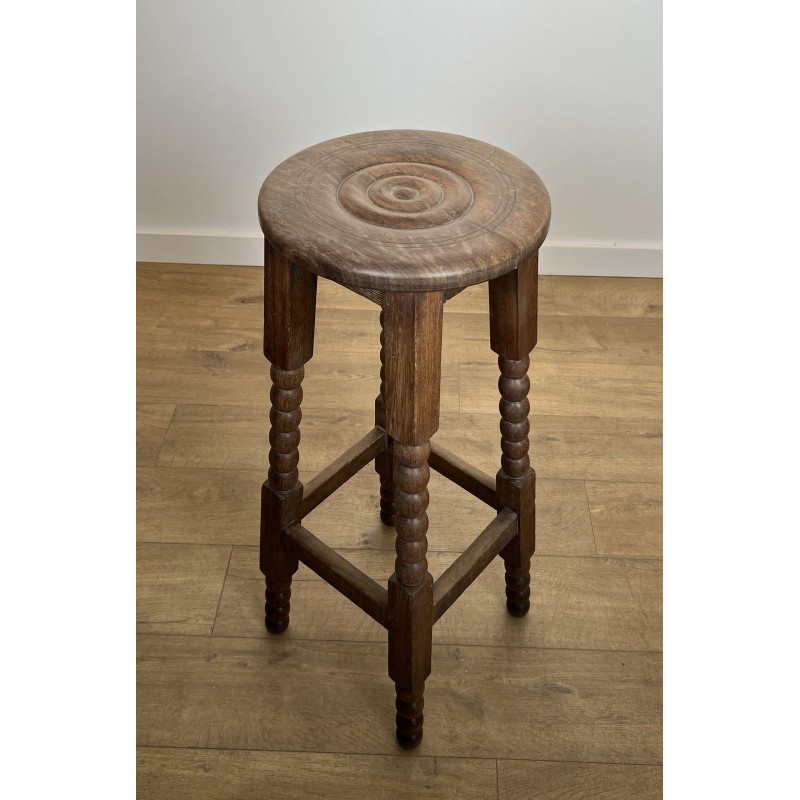 Set of Six Oak Bar Stools with String-Turned Uprights, Neoclassical, French Work, Attributed to Charles Dudouyt, circa 1950