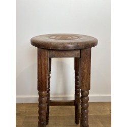 Set of Six Oak Bar Stools with String-Turned Uprights, Neoclassical, French Work, Attributed to Charles Dudouyt, circa 1950