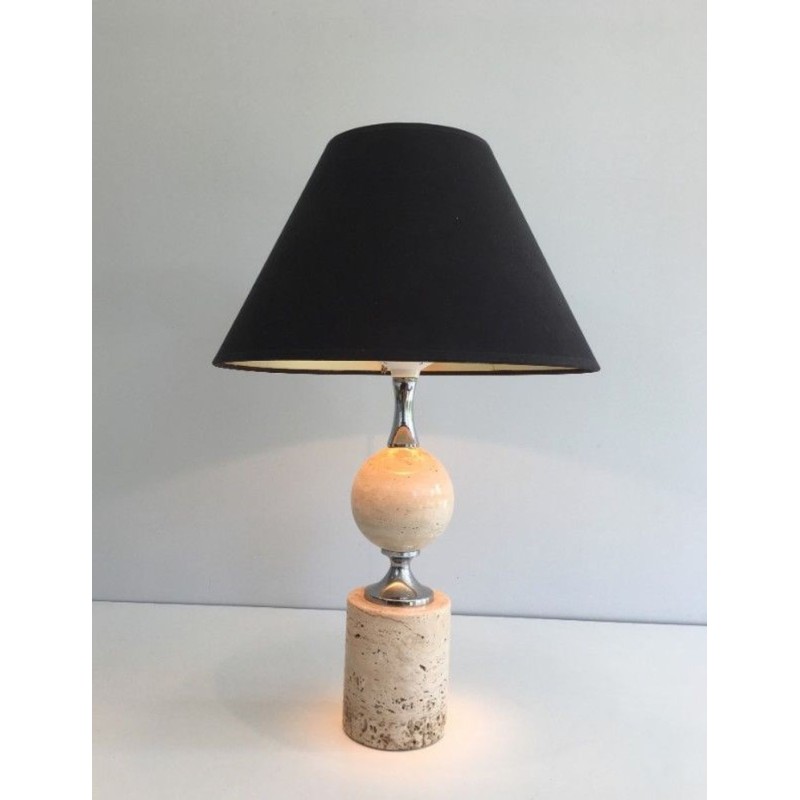 Travertine and Chrome Table Lamp, Philippe Barbie, French Work, circa 1970