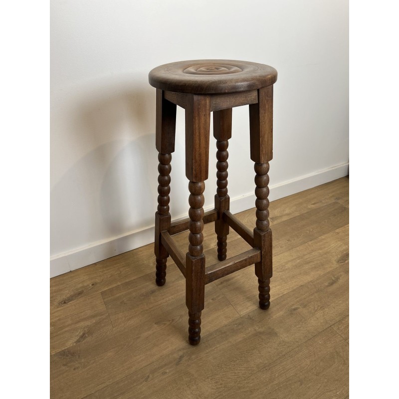 Set of Six Oak Bar Stools with String-Turned Uprights, Neoclassical, French Work, Attributed to Charles Dudouyt, circa 1950