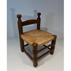 Low Chair in Turned Wood with Rush Seat, Rustic Modern, French Work, Attributed to Charles Dudouyt, circa 1940