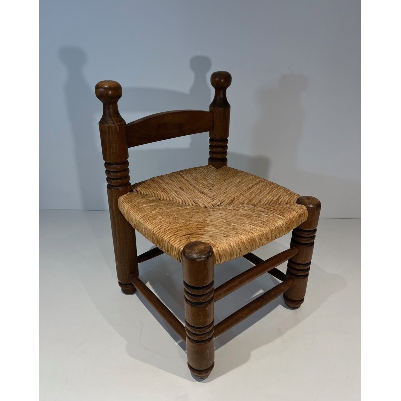 Low Chair in Turned Wood with Rush Seat, Rustic Modern, French Work, Attributed to Charles Dudouyt, circa 1940