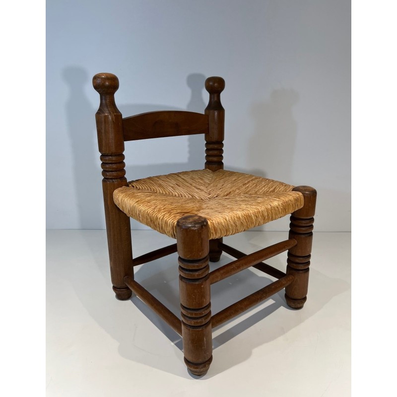 Low Chair in Turned Wood with Rush Seat, Rustic Modern, French Work, Attributed to Charles Dudouyt, circa 1940
