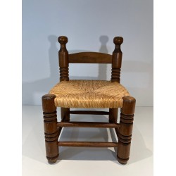 Low Chair in Turned Wood with Rush Seat, Rustic Modern, French Work, Attributed to Charles Dudouyt, circa 1940
