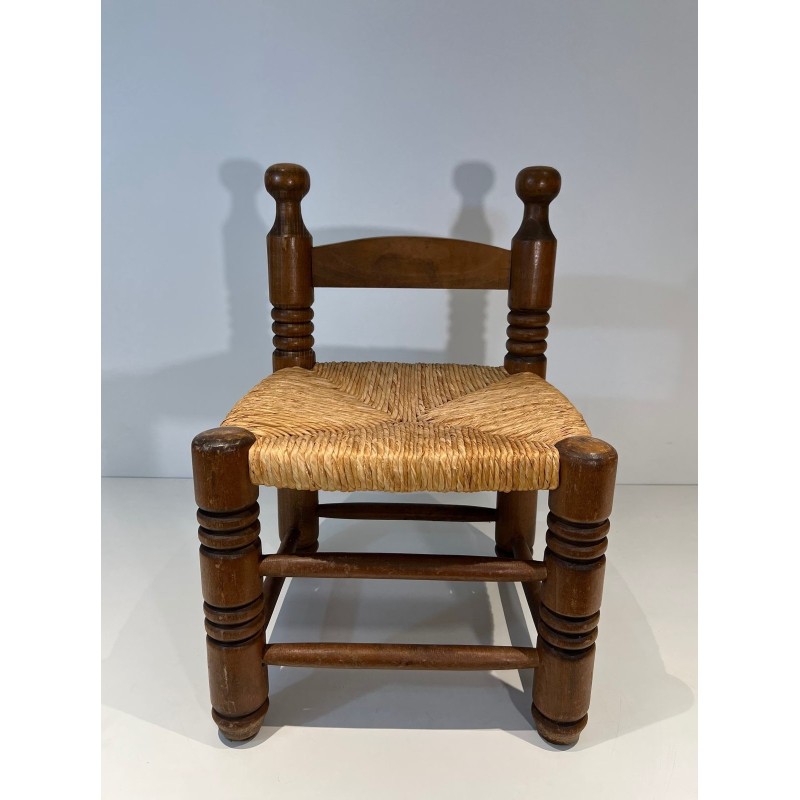Low Chair in Turned Wood with Rush Seat, Rustic Modern, French Work, Attributed to Charles Dudouyt, circa 1940