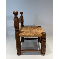 Low Chair in Turned Wood with Rush Seat, Rustic Modern, French Work, Attributed to Charles Dudouyt, circa 1940