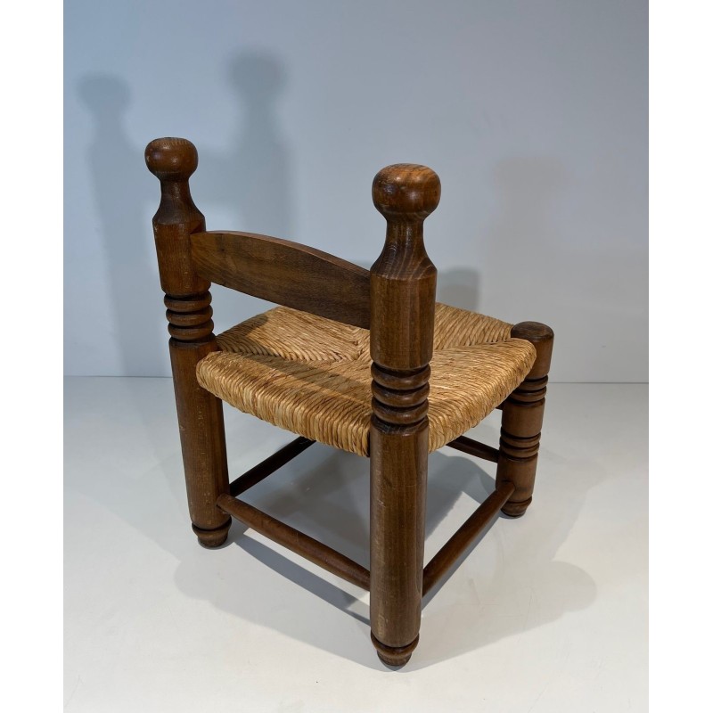 Low Chair in Turned Wood with Rush Seat, Rustic Modern, French Work, Attributed to Charles Dudouyt, circa 1940