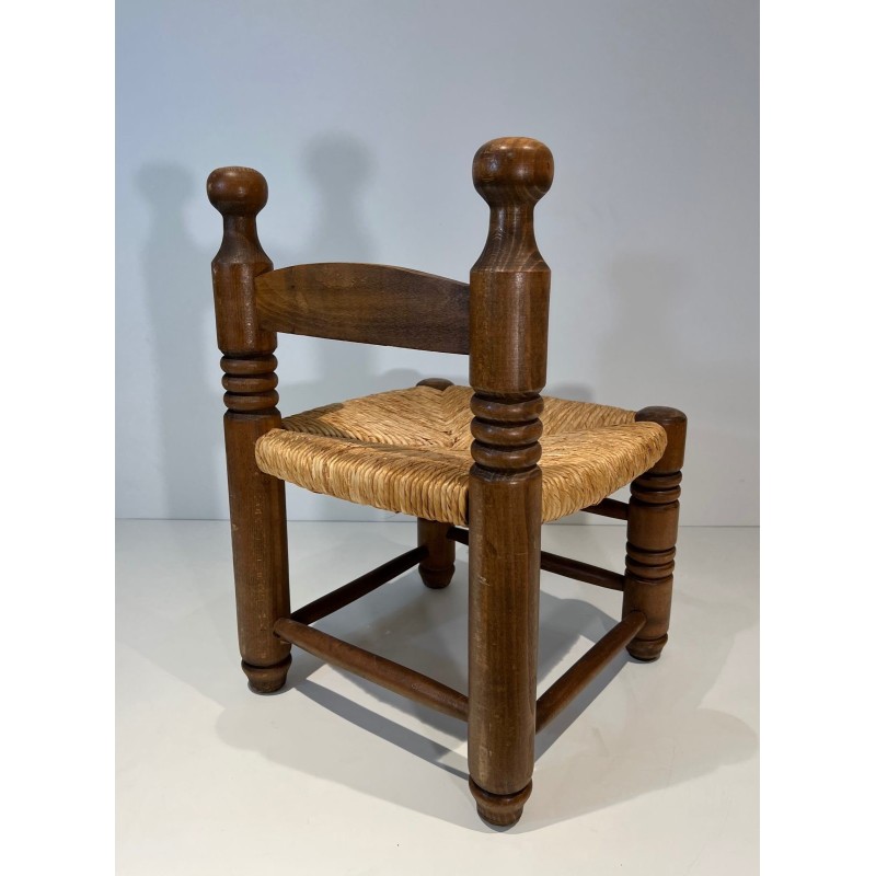 Low Chair in Turned Wood with Rush Seat, Rustic Modern, French Work, Attributed to Charles Dudouyt, circa 1940