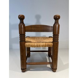 Low Chair in Turned Wood with Rush Seat, Rustic Modern, French Work, Attributed to Charles Dudouyt, circa 1940