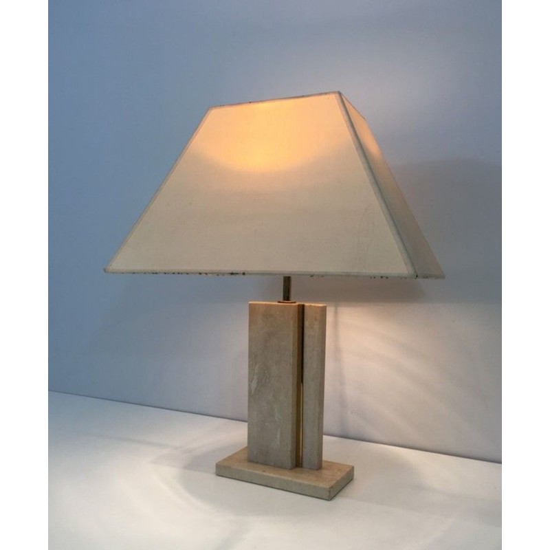 Travertine and Brass Table Lamp with Original Shade, French Work, circa 1970