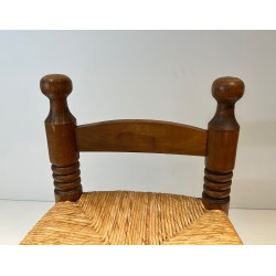 Low Chair in Turned Wood with Rush Seat, Rustic Modern, French Work, Attributed to Charles Dudouyt, circa 1940
