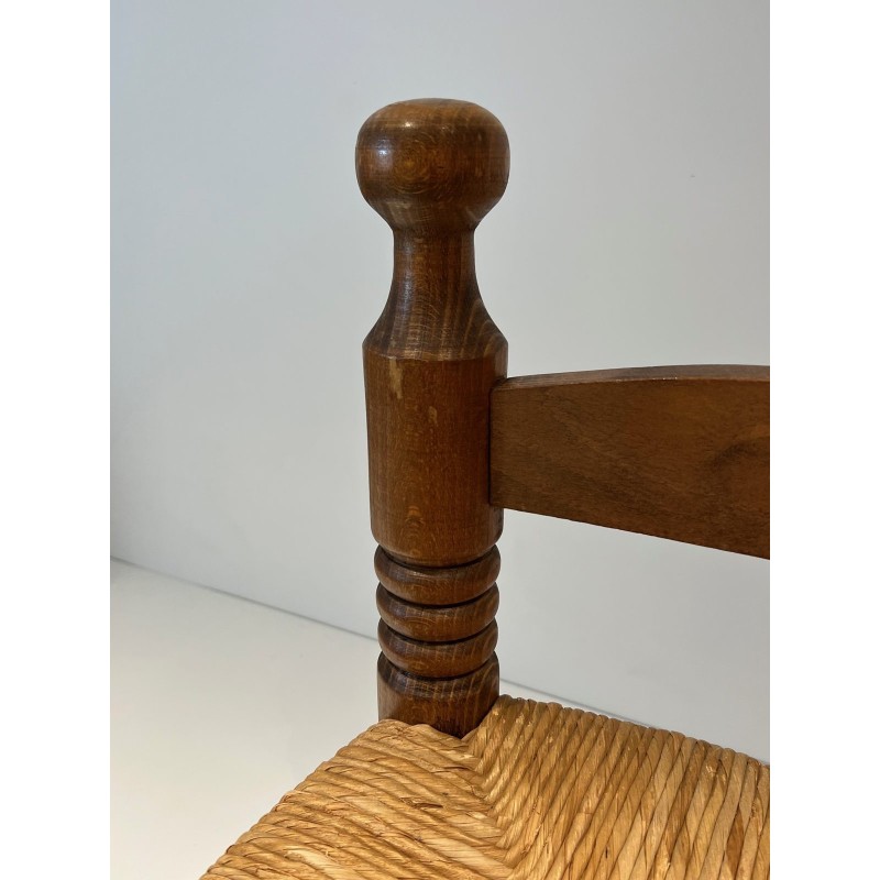 Low Chair in Turned Wood with Rush Seat, Rustic Modern, French Work, Attributed to Charles Dudouyt, circa 1940