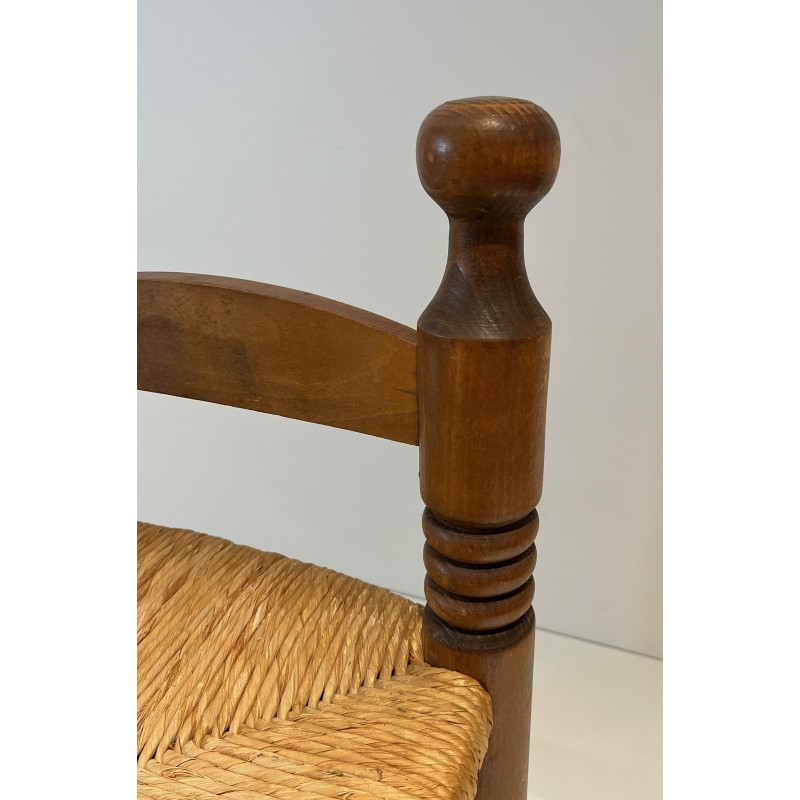 Low Chair in Turned Wood with Rush Seat, Rustic Modern, French Work, Attributed to Charles Dudouyt, circa 1940