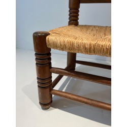 Low Chair in Turned Wood with Rush Seat, Rustic Modern, French Work, Attributed to Charles Dudouyt, circa 1940