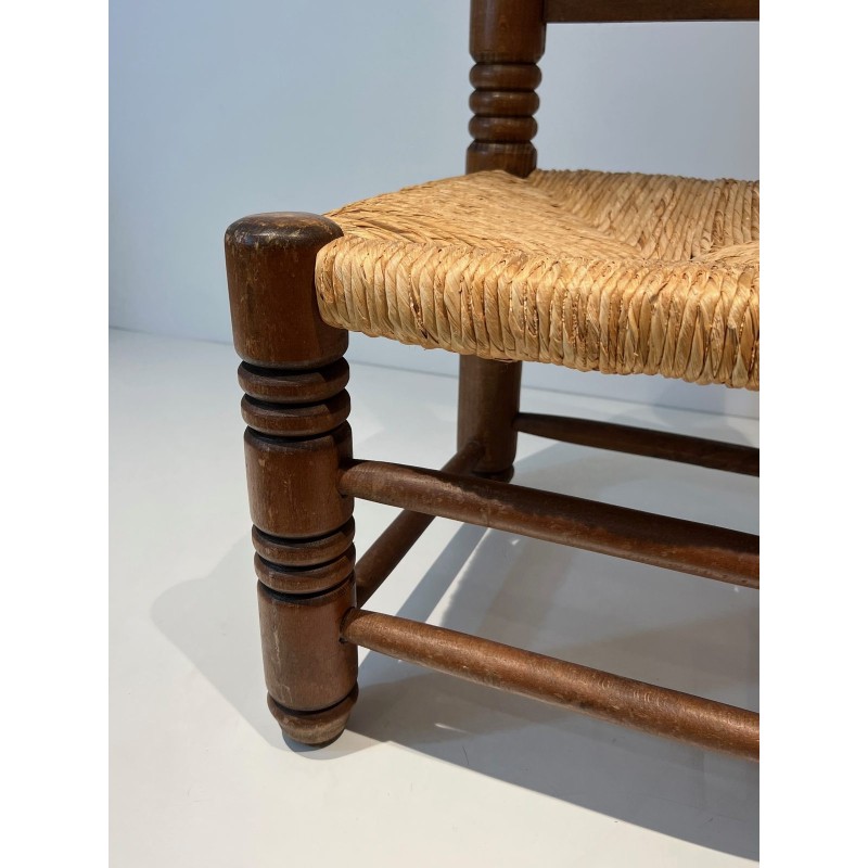 Low Chair in Turned Wood with Rush Seat, Rustic Modern, French Work, Attributed to Charles Dudouyt, circa 1940