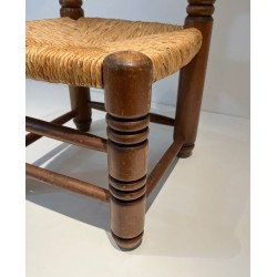 Low Chair in Turned Wood with Rush Seat, Rustic Modern, French Work, Attributed to Charles Dudouyt, circa 1940