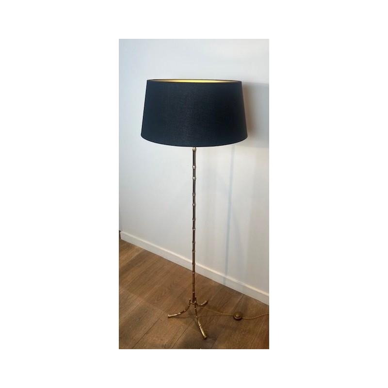 Faux Bamboo Gilt Bronze Floor Lamp, Tripod Base, Neoclassical, French Work, by Maison Baguès, circa 1960