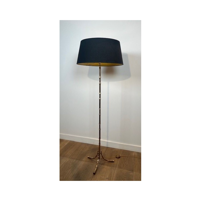 Faux Bamboo Gilt Bronze Floor Lamp, Tripod Base, Neoclassical, French Work, by Maison Baguès, circa 1960